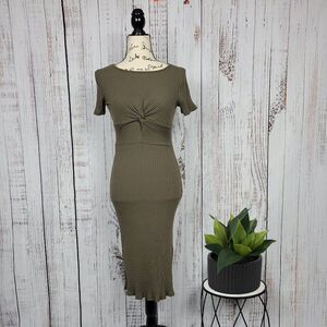 Everly Green Ribbed Knot Jewel Neck Chic Bodycon Midi Summer Short Sleeve Dress